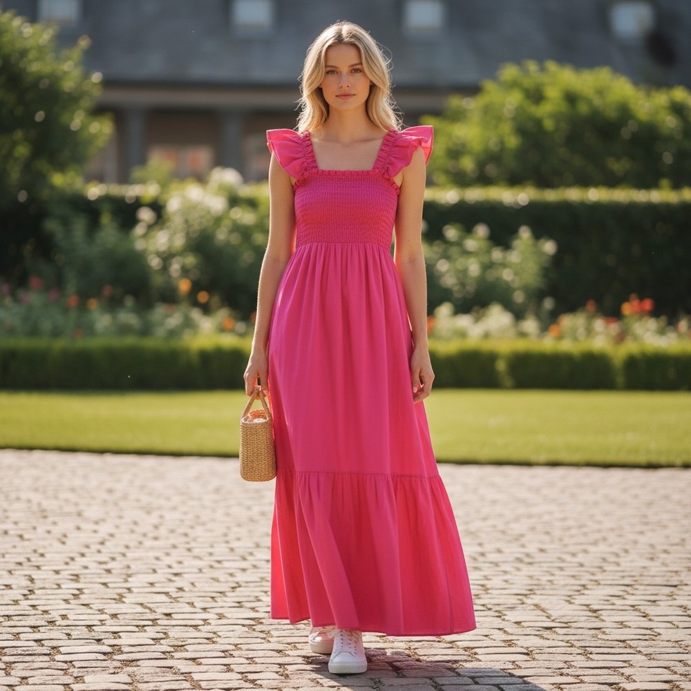 Aqua Bloomingdale's Magenta Pink Smocked Ruffle Tiered Maxi Dress XS NEW